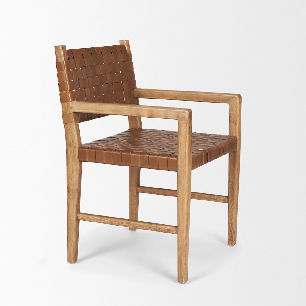 Brown Wood Woven Brown Leather Dining Armchair