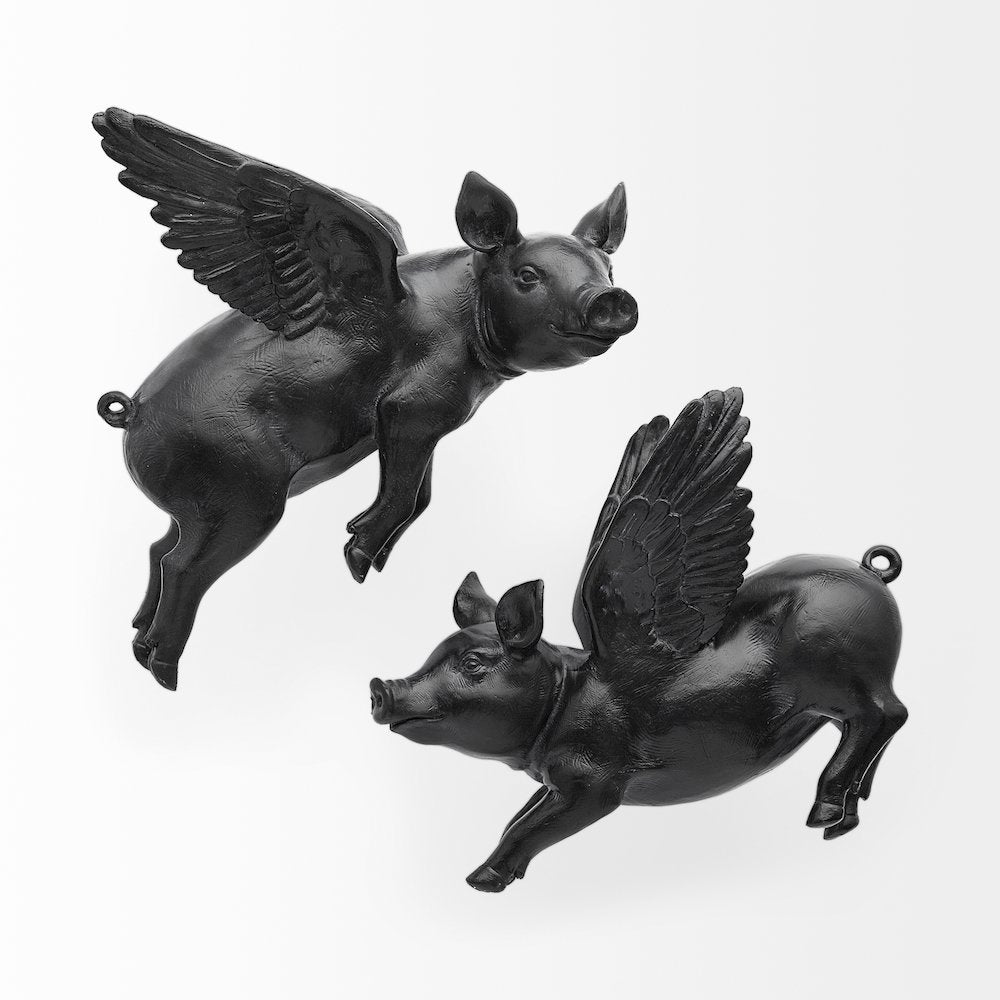 Set Of 2 Black Flying Pigs