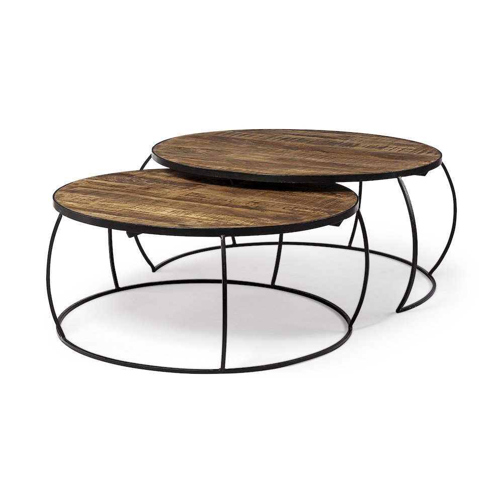 Set Of 2 Round Brown Wood Top Black Iron Base Nesting Coffee Tables