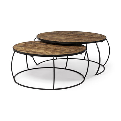 Set Of 2 Round Brown Wood Top Black Iron Base Nesting Coffee Tables