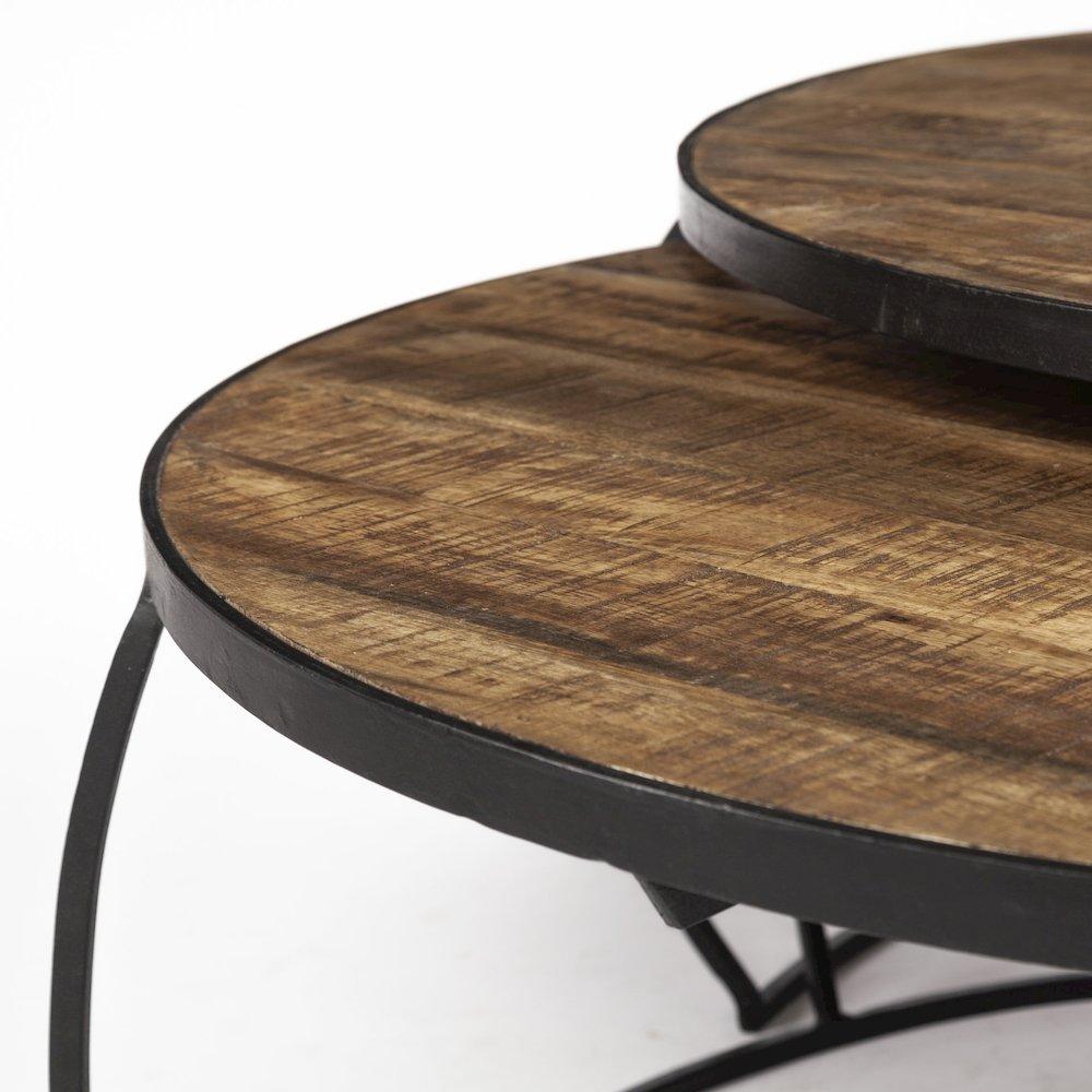 Set Of 2 Round Brown Wood Top Black Iron Base Nesting Coffee Tables