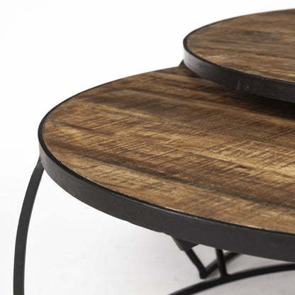 Set Of 2 Round Brown Wood Top Black Iron Base Nesting Coffee Tables