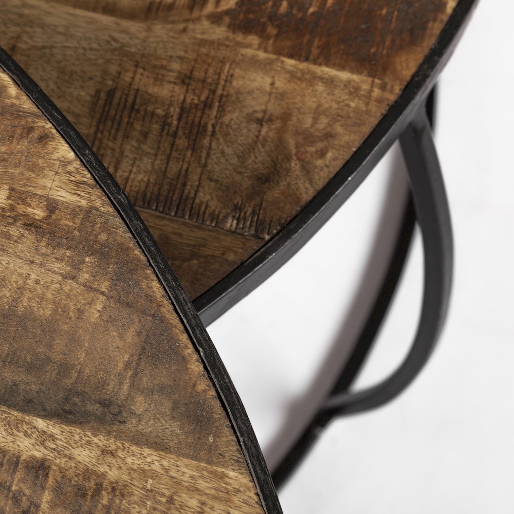 Set Of 2 Round Brown Wood Top Black Iron Base Nesting Coffee Tables