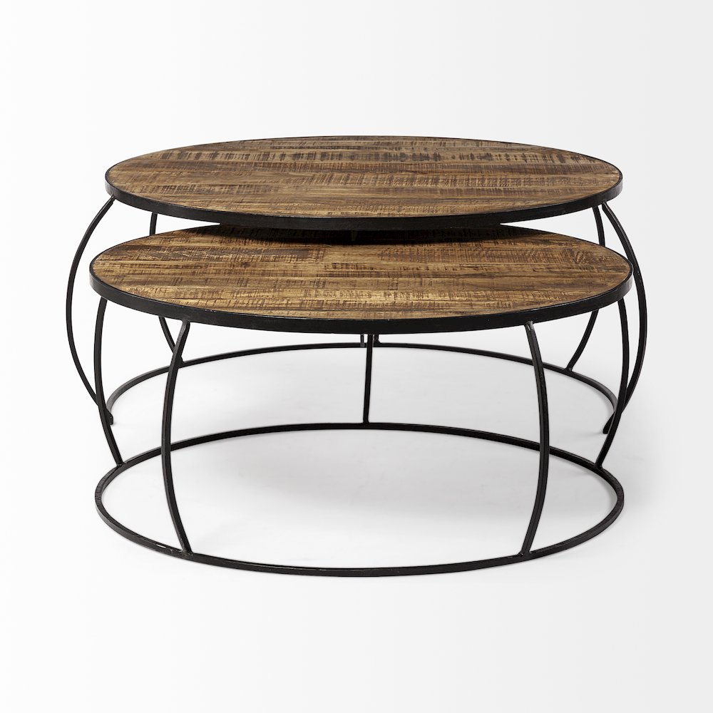Set Of 2 Round Brown Wood Top Black Iron Base Nesting Coffee Tables