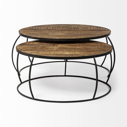 Set Of 2 Round Brown Wood Top Black Iron Base Nesting Coffee Tables