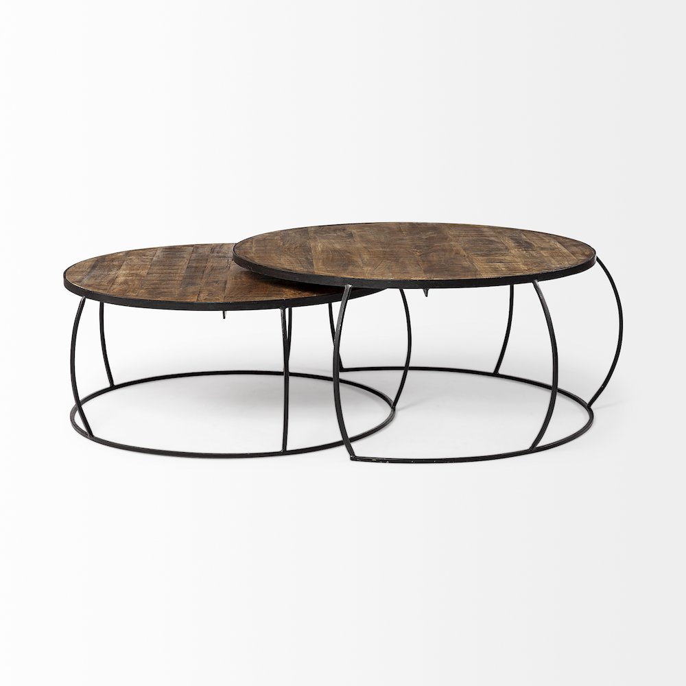 Set Of 2 Round Brown Wood Top Black Iron Base Nesting Coffee Tables