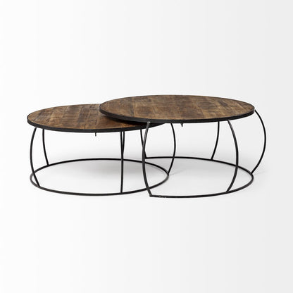 Set Of 2 Round Brown Wood Top Black Iron Base Nesting Coffee Tables