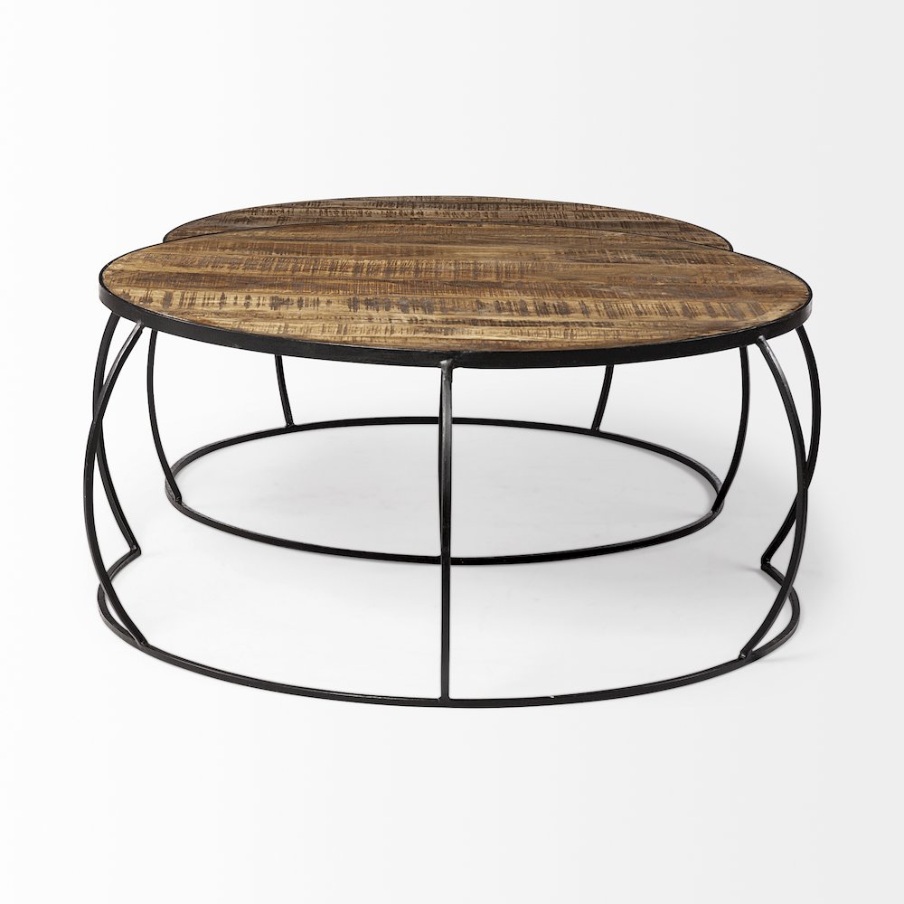 Set Of 2 Round Brown Wood Top Black Iron Base Nesting Coffee Tables