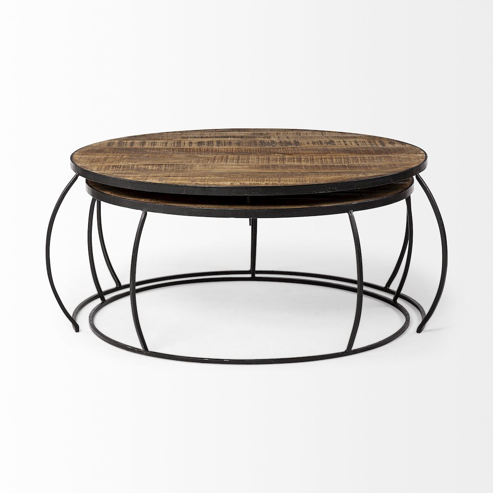Set Of 2 Round Brown Wood Top Black Iron Base Nesting Coffee Tables
