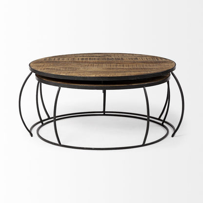 Set Of 2 Round Brown Wood Top Black Iron Base Nesting Coffee Tables