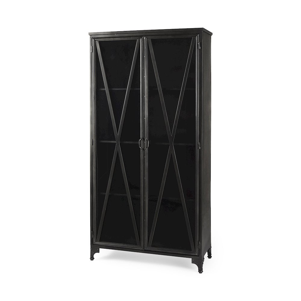 73.8" H Black Metal With Glass Door Display Cabinet