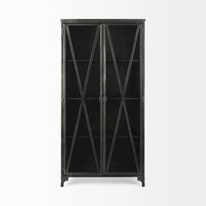 73.8" H Black Metal With Glass Door Display Cabinet