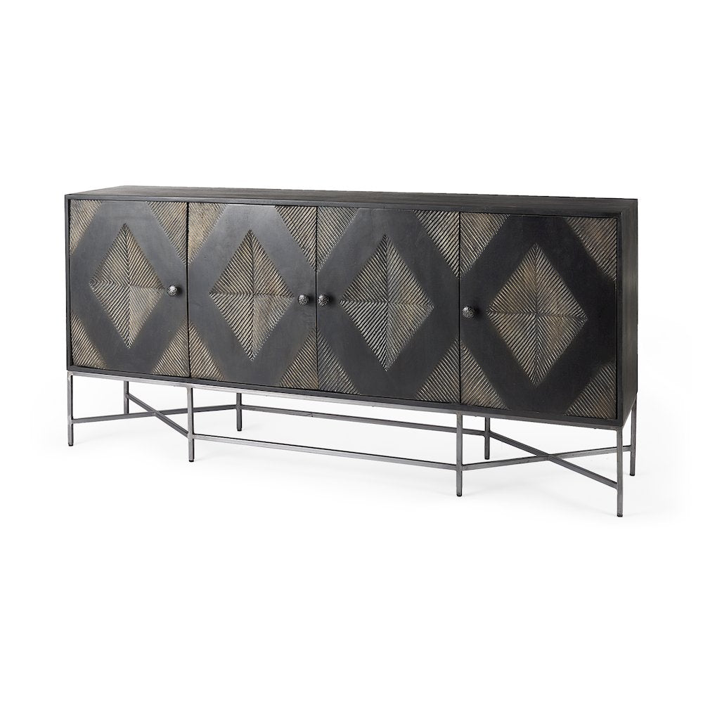 Hogarth 72x15 Two-Tone Brown Solid Wood Base Silver Frame 4 Cabinet Sideboard