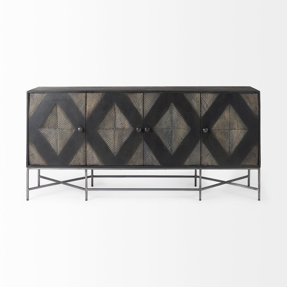 Hogarth 72x15 Two-Tone Brown Solid Wood Base Silver Frame 4 Cabinet Sideboard