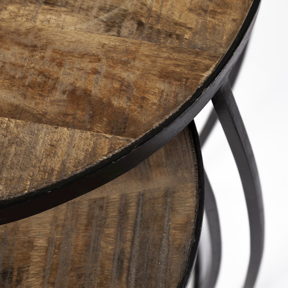 (Set Of 2) Brown Round Wood Top Black Iron Frame Nesting Accent Tables