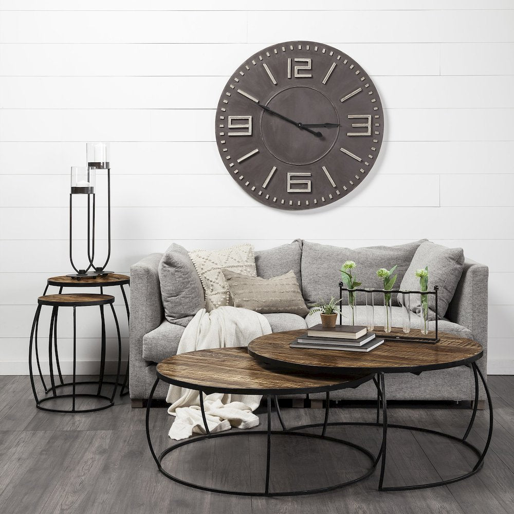 (Set Of 2) Brown Round Wood Top Black Iron Frame Nesting Accent Tables