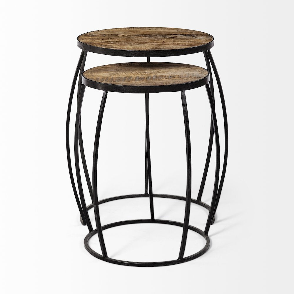 (Set Of 2) Brown Round Wood Top Black Iron Frame Nesting Accent Tables