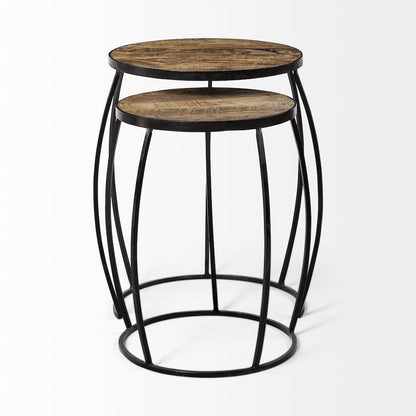 (Set Of 2) Brown Round Wood Top Black Iron Frame Nesting Accent Tables