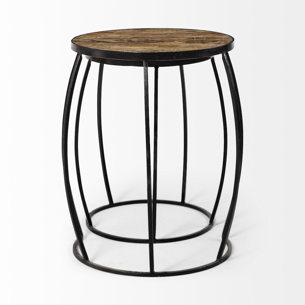 (Set Of 2) Brown Round Wood Top Black Iron Frame Nesting Accent Tables