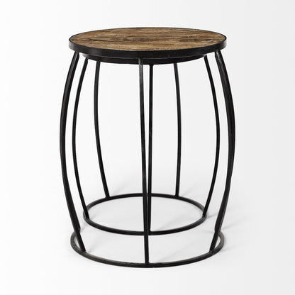 (Set Of 2) Brown Round Wood Top Black Iron Frame Nesting Accent Tables