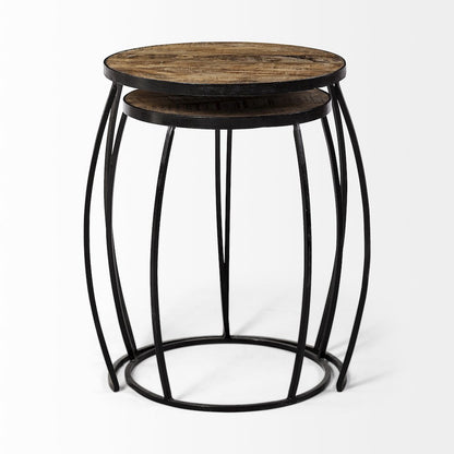 (Set Of 2) Brown Round Wood Top Black Iron Frame Nesting Accent Tables