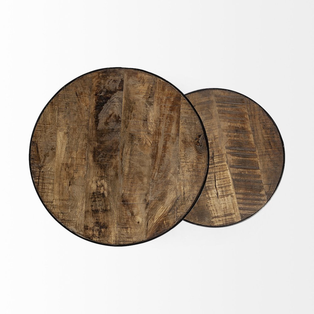 (Set Of 2) Brown Round Wood Top Black Iron Frame Nesting Accent Tables