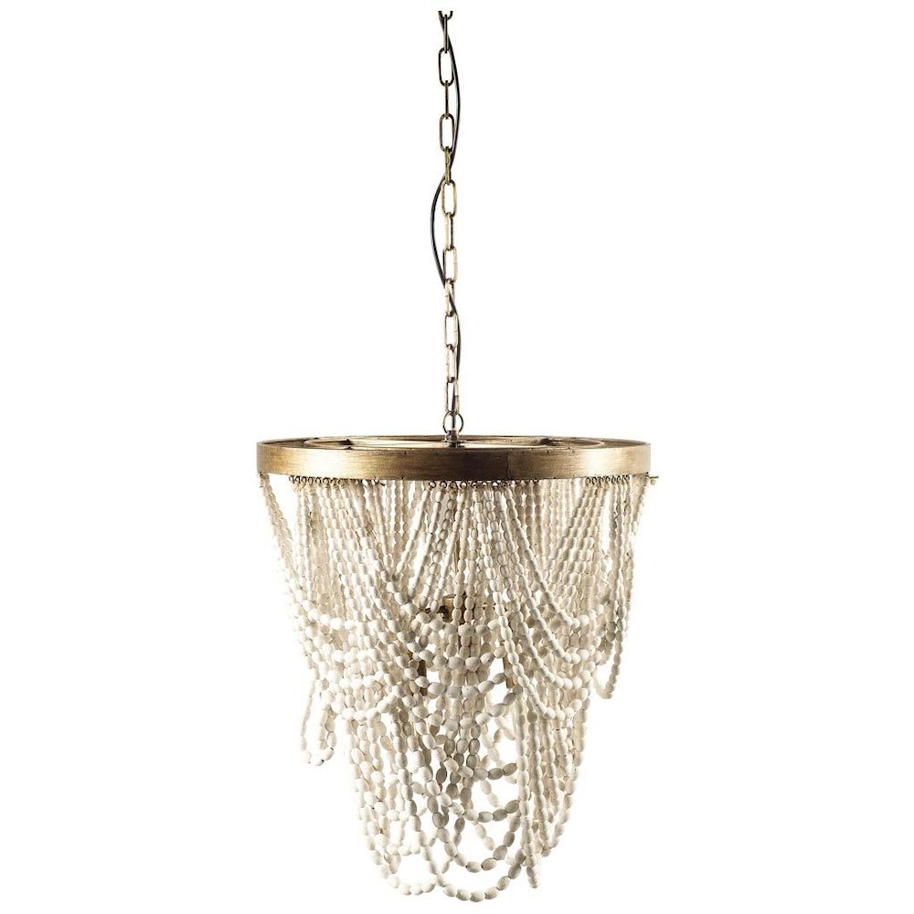 (26"X23") Gold Metal Whitewashed Wooden Bead Three Bulb Chandelier