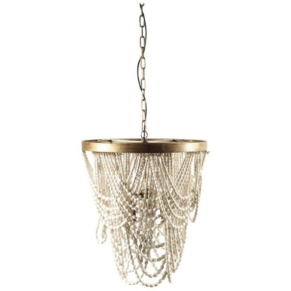 (26"X23") Gold Metal Whitewashed Wooden Bead Three Bulb Chandelier