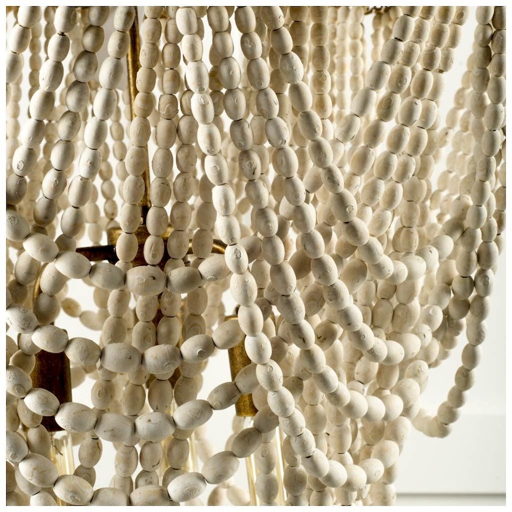 (26"X23") Gold Metal Whitewashed Wooden Bead Three Bulb Chandelier