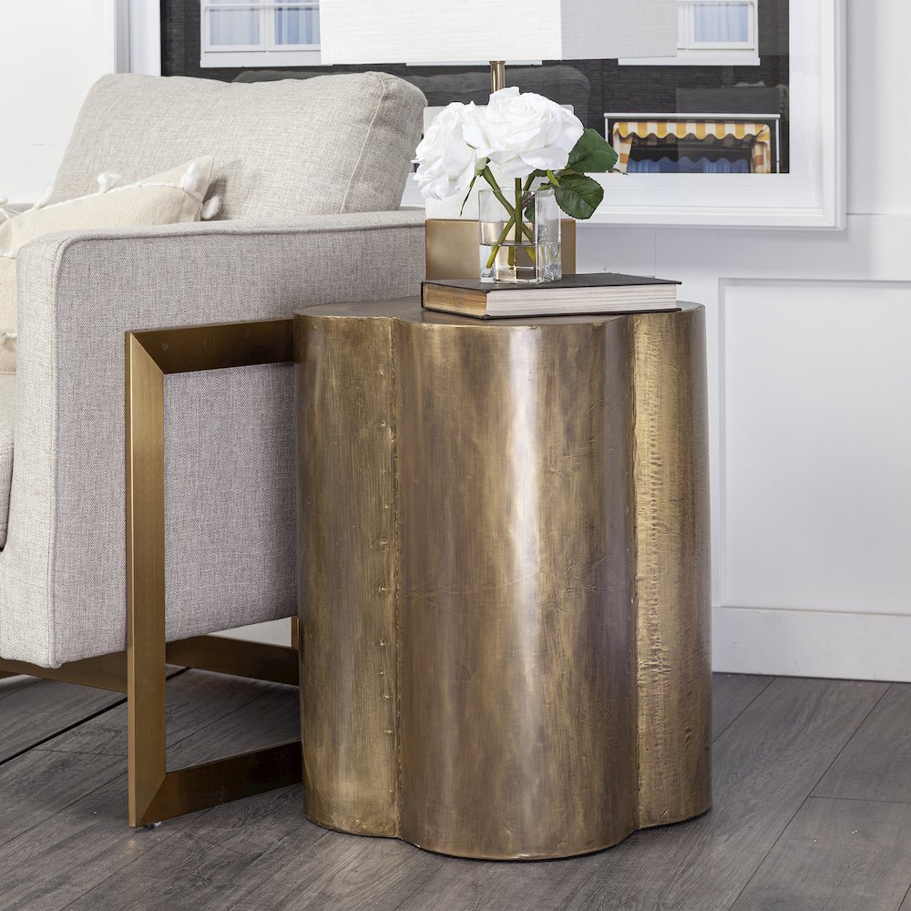 18L X 18W Gold Flower Wooden Top Brass Cladding Accent Table