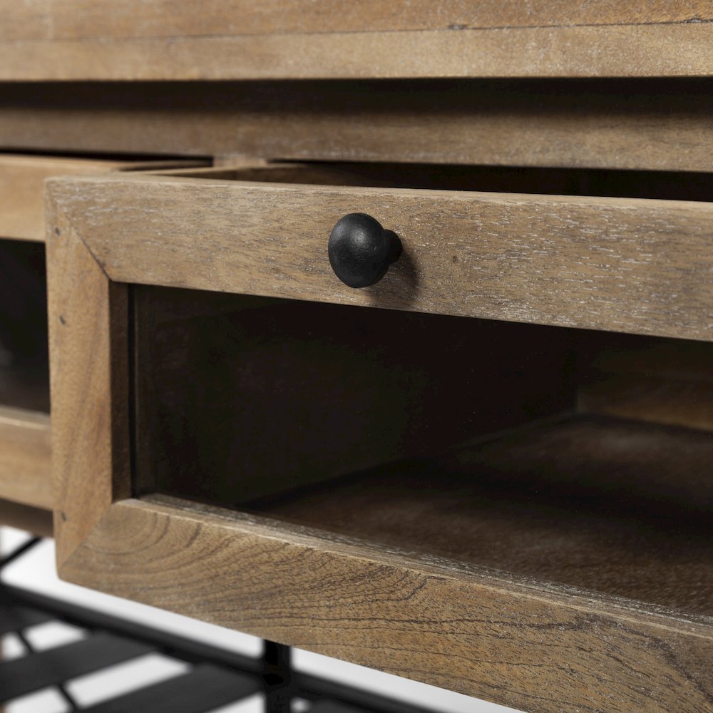 Stuart Brown Solid Wood Top Two-Tier Black Metal Rolling Kitchen Island