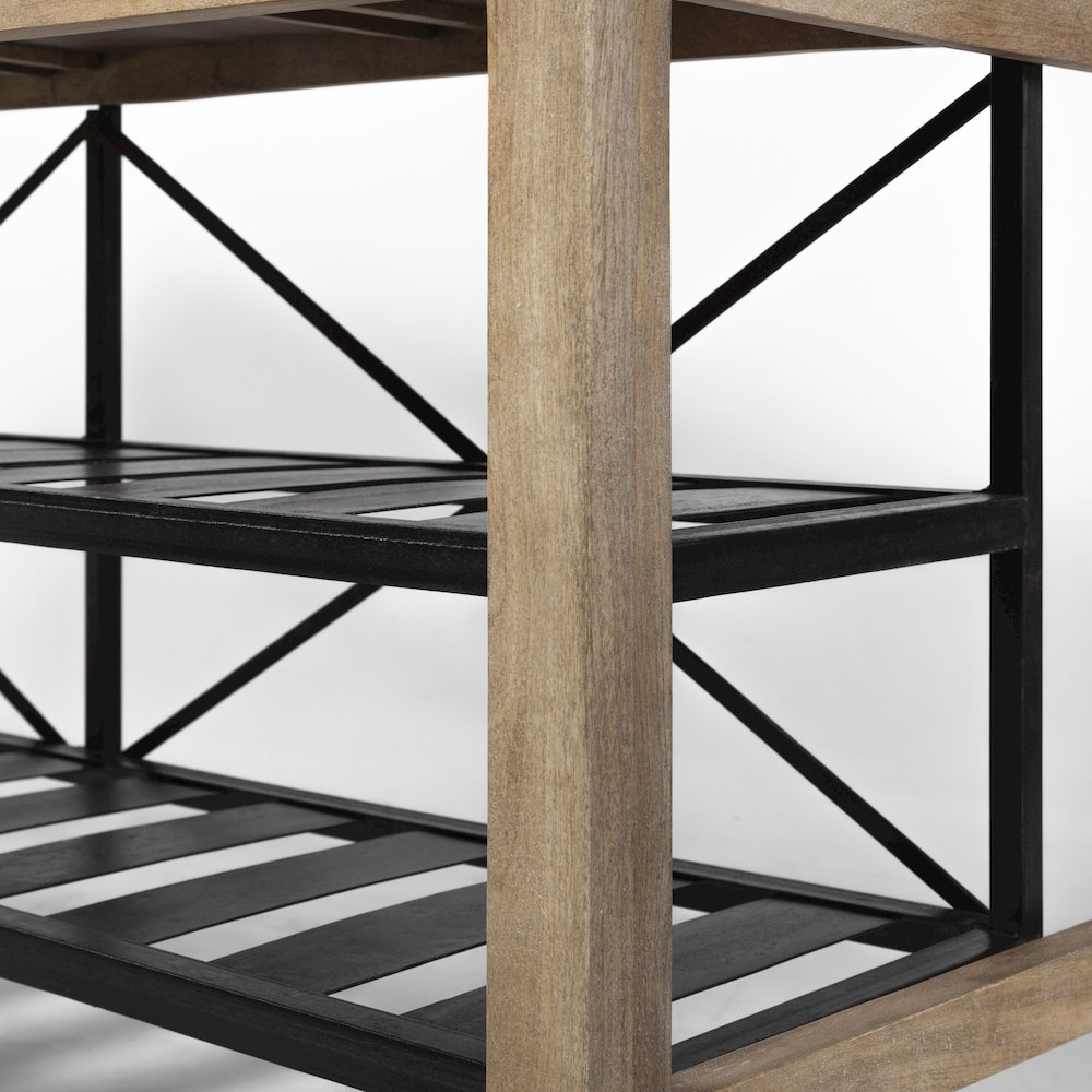 Stuart Brown Solid Wood Top Two-Tier Black Metal Rolling Kitchen Island