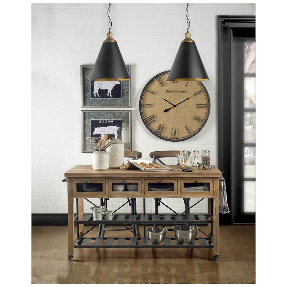 Stuart Brown Solid Wood Top Two-Tier Black Metal Rolling Kitchen Island