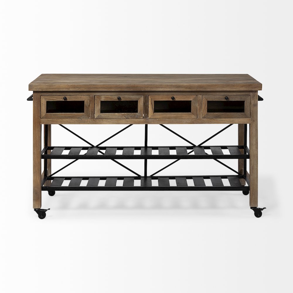 Stuart Brown Solid Wood Top Two-Tier Black Metal Rolling Kitchen Island