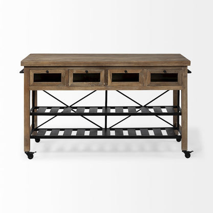 Stuart Brown Solid Wood Top Two-Tier Black Metal Rolling Kitchen Island