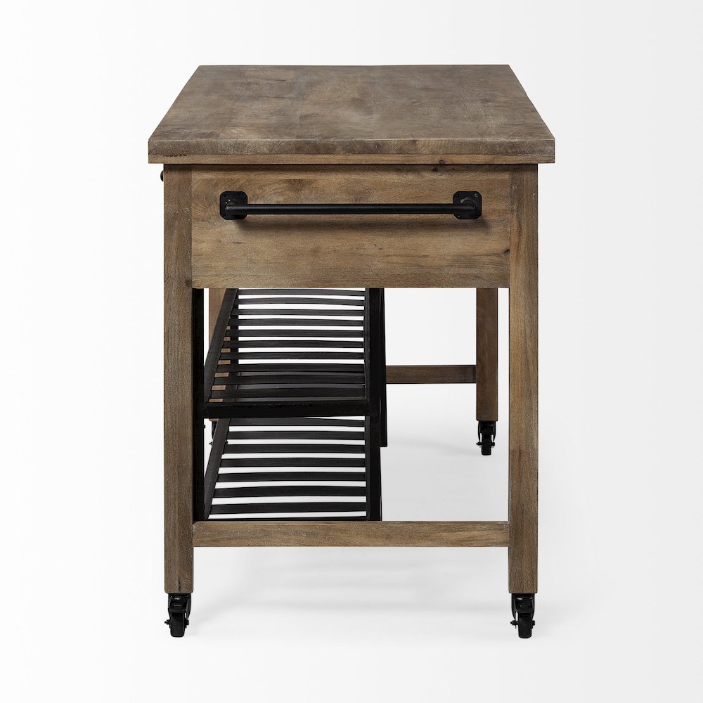Stuart Brown Solid Wood Top Two-Tier Black Metal Rolling Kitchen Island