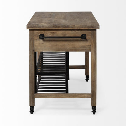 Stuart Brown Solid Wood Top Two-Tier Black Metal Rolling Kitchen Island