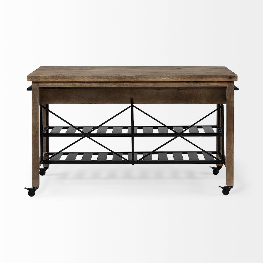 Stuart Brown Solid Wood Top Two-Tier Black Metal Rolling Kitchen Island