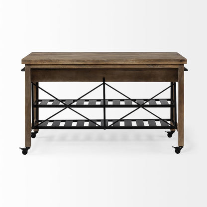 Stuart Brown Solid Wood Top Two-Tier Black Metal Rolling Kitchen Island