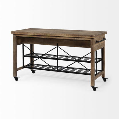 Stuart Brown Solid Wood Top Two-Tier Black Metal Rolling Kitchen Island