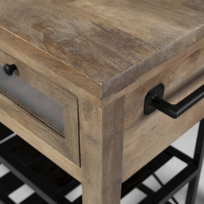 Stuart Brown Solid Wood Top Two-Tier Black Metal Rolling Kitchen Island