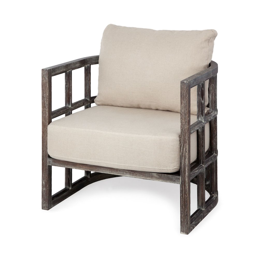 Cream Fabric Covered Cushioned Demi-Lune Wooden Frame Accent Chair