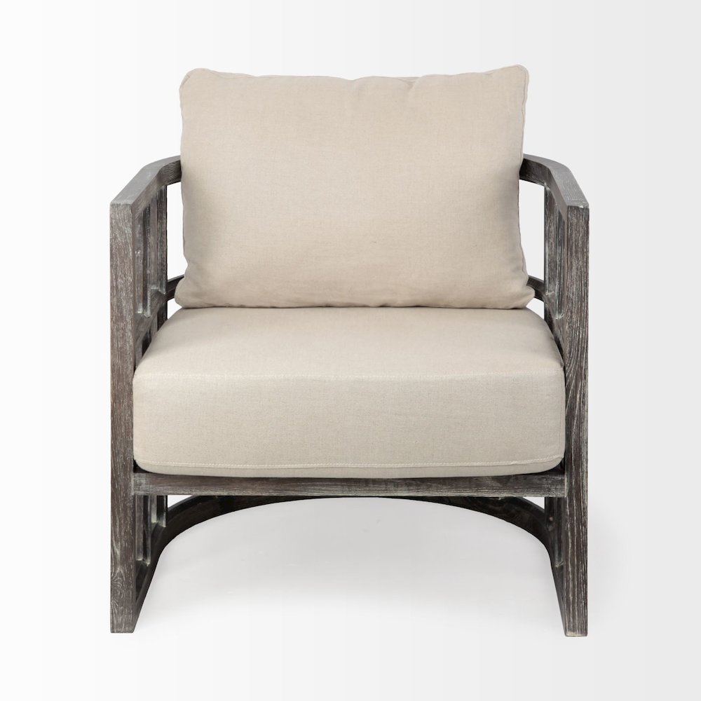 Cream Fabric Covered Cushioned Demi-Lune Wooden Frame Accent Chair