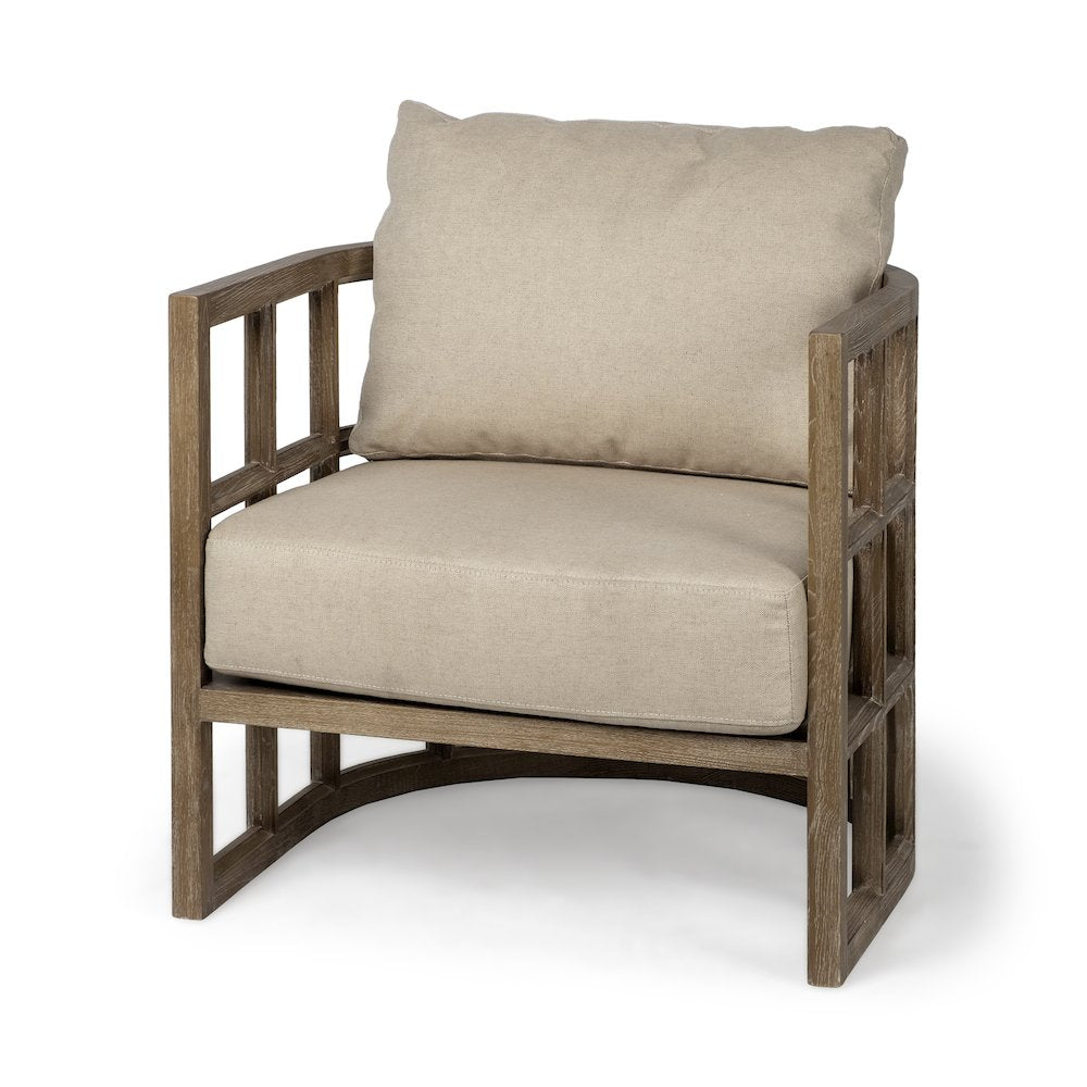 Tan Fabric Covered Cushioned Demi-Lune Wooden Frame Accent Chair