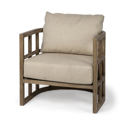 Tan Fabric Covered Cushioned Demi-Lune Wooden Frame Accent Chair