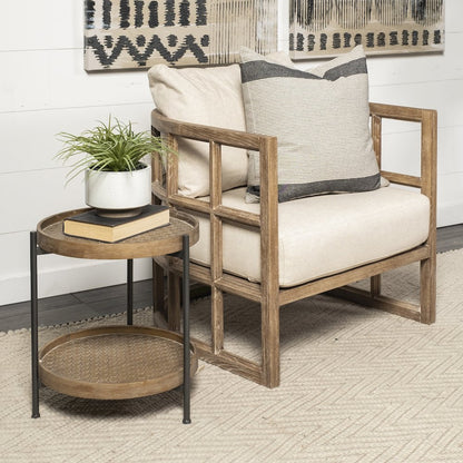Tan Fabric Covered Cushioned Demi-Lune Wooden Frame Accent Chair