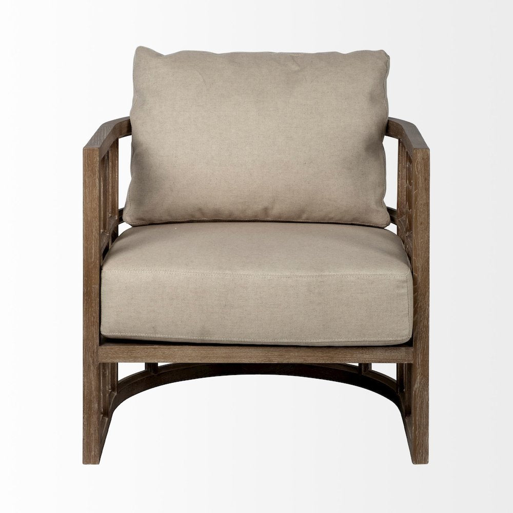 Tan Fabric Covered Cushioned Demi-Lune Wooden Frame Accent Chair