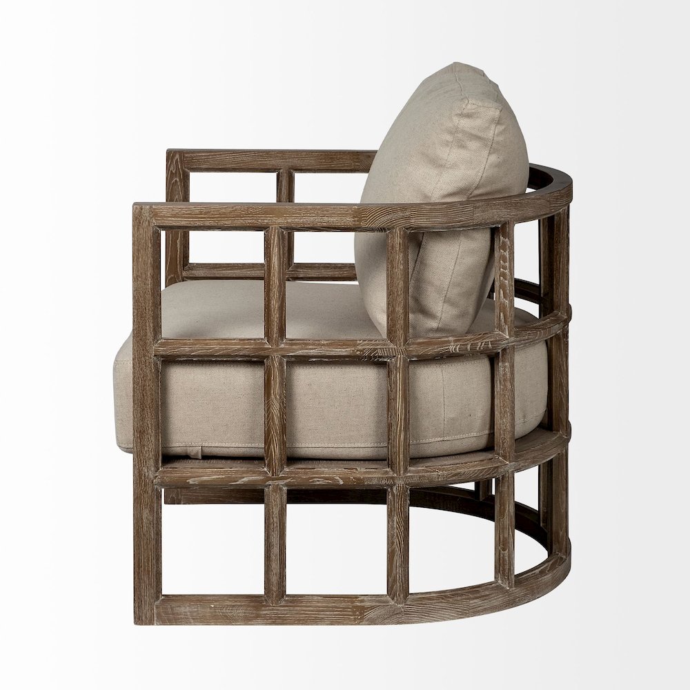 Tan Fabric Covered Cushioned Demi-Lune Wooden Frame Accent Chair