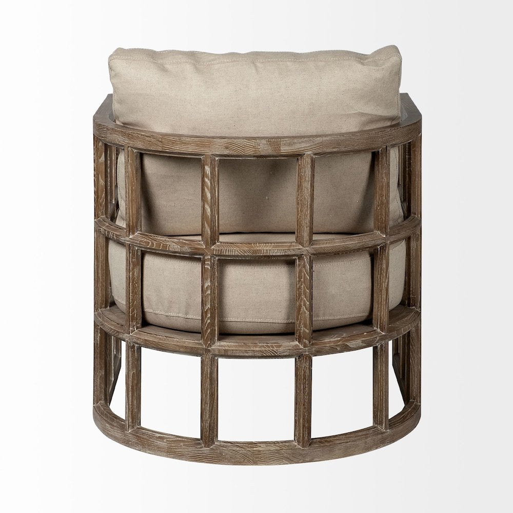 Tan Fabric Covered Cushioned Demi-Lune Wooden Frame Accent Chair