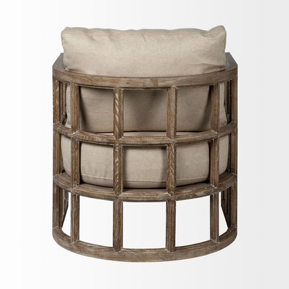 Tan Fabric Covered Cushioned Demi-Lune Wooden Frame Accent Chair